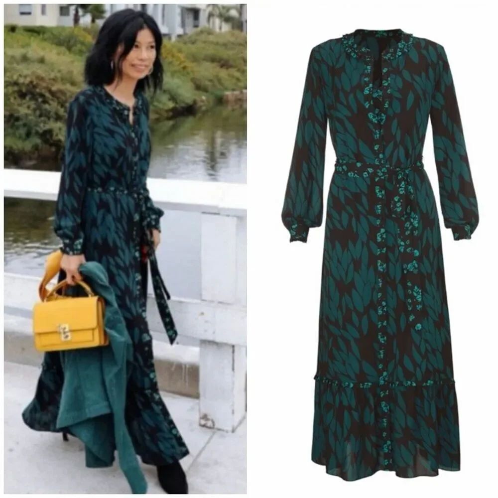 CAbi Large Maxi Dress Green Black No Belt Wedding Guest Dress